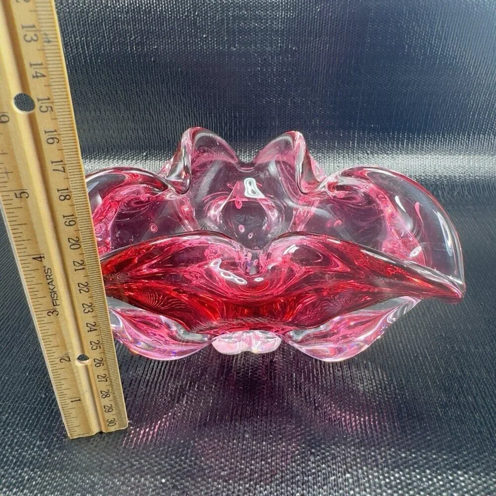 Hand Blown Bohemian Cranberry Art‎ Glass Dish Bowl Folded Edges Original Sticker